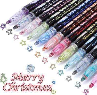 Shimmer Markers Double Line Outline Markers, 12 Colors Metallic Glitter Pens Set