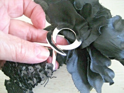 New S M L Black Sequin BEBE Silk Rose STRETCH BELT 1 7/8''W Silver BUCKLE 26-42