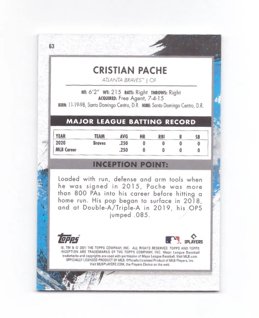 2021 Topps Inception CRISTIAN PACHE Rookie Card Atlanta Braves RC Logo #63 - Image 2 of 2