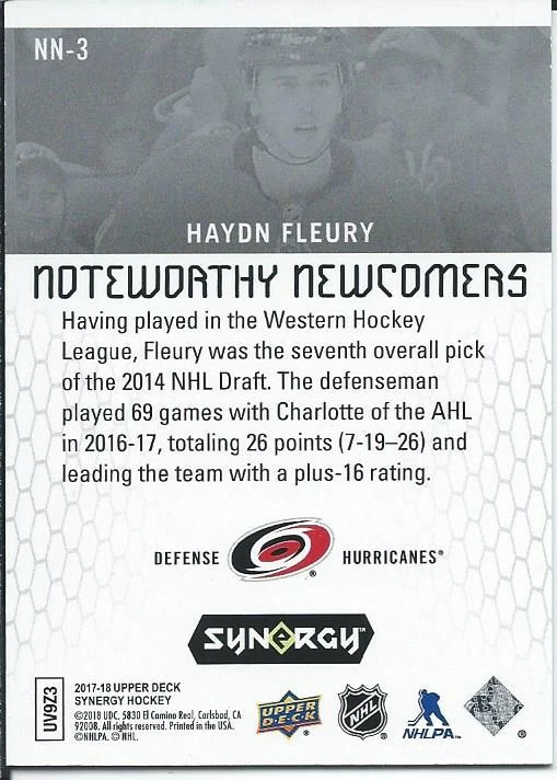 2017-18 Upper Deck Synergy HAYDN FLEURY Noteworthy Newcomers #NN-3 Rookie - Image 2 of 2
