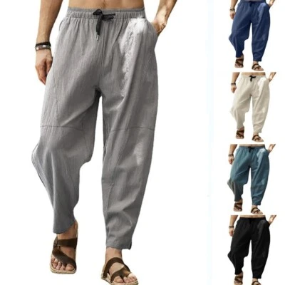 Men's Summer Casual Baggy Trousers Cotton Linen Wide Leg Loose Harem Pants New - Image 1 of 4