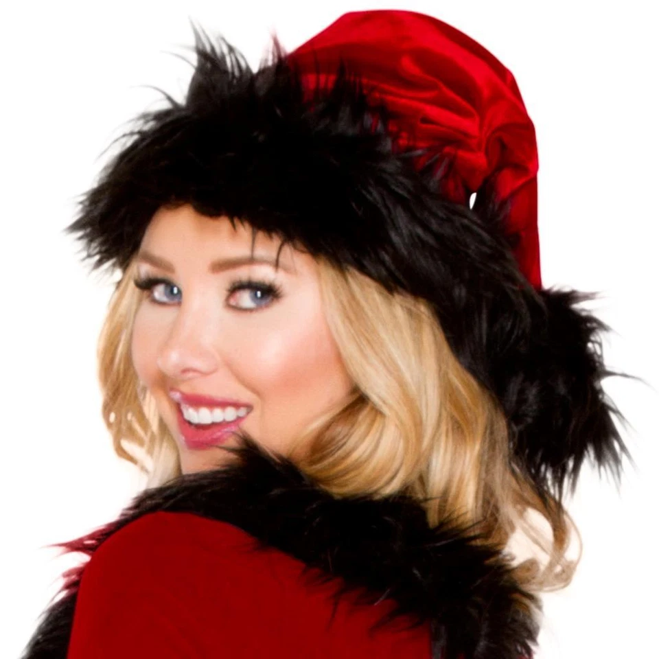 Sombrero Bad Santa Rojo Terciopelo Negro Imitación Piel Borde Navidad Vacaciones Disfraz C181 Foto 2 de 3
