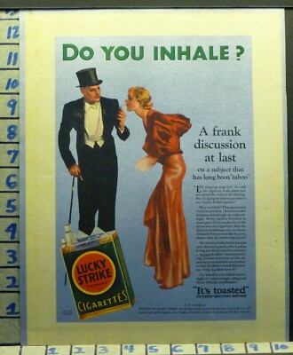 1932 LUCKY STRIKE PIPE CIGARETTE INHALE TOBACCO SMOKING VINTAGE ART AD  T27