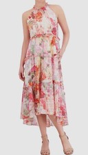 Vince Camuto Women's Pink Printed Chiffon Ruffle-Tier High-Low Dress Size 10