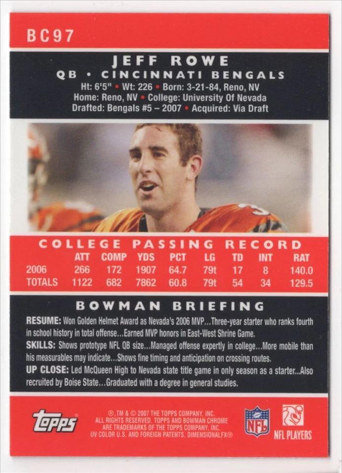 2007 BOWMAN CHROME ROOKIE Jeff Rowe Rookie Cincinnati Bengals #BC97 - Image 2 of 2