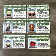 6 RARE FUN NOVELTY DRIVERS LICENSE SOUTH PARK Cartman Kyle Stan Chef Kenny Timmy