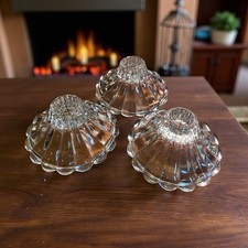 Candle Stick Holders Clear Glass Reversible Scalloped Edges Ribbed 4"W Set of 3