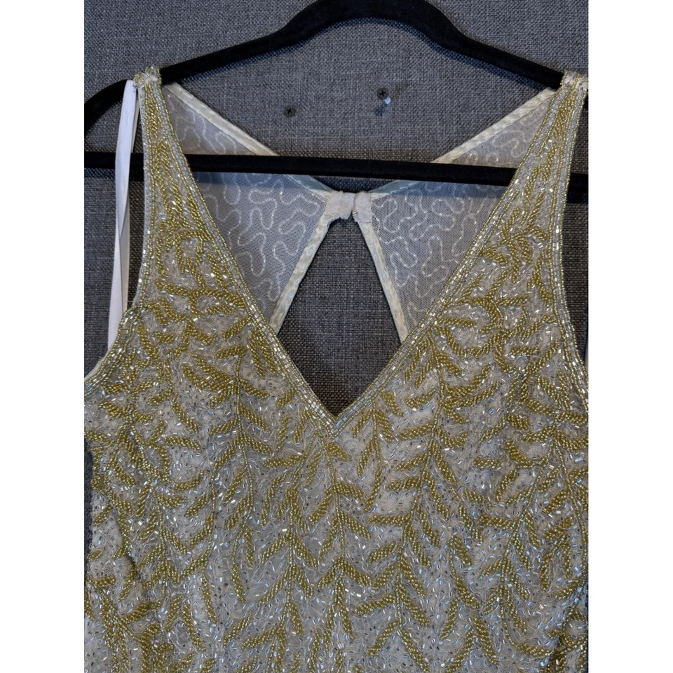 Primavera Beaded Gown Gold Leaf Art Deco High Slit Evening Formal Dress Size 10 - Image 3 of 4