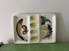 Vtg Appetizer Ceramic Serving Dish. Hand Painted Fruit Egg Tidbit Tray. Italy