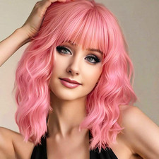 Pink Wigs Short Wavy Hair Pastel Bob Wig with Bangs Shoulder Length Synthetic Ha
