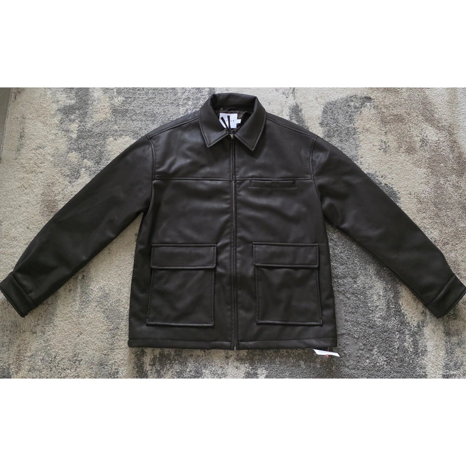 Topman Mens Dark Brown Faux Vegan Leather Trucker Jacket Size S Quilted Lined - product detail image 1