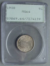 PCGS (OLD RATTLER ) 1908 LIBERTY  NICKEL MS64