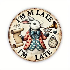 2D Flat - Charming 8x 8inch Vintage I'm Late White Rabbit Tin Sign- Romantic Wal