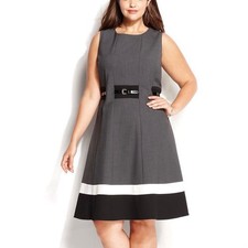 Calvin Klein Gray Sleeveless Striped Hem Belted Flare Dress Size 14