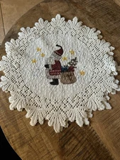 2 Beautiful Heritage Lace Doilies  Crisp Cream Christmas Santa with Gifts 15”