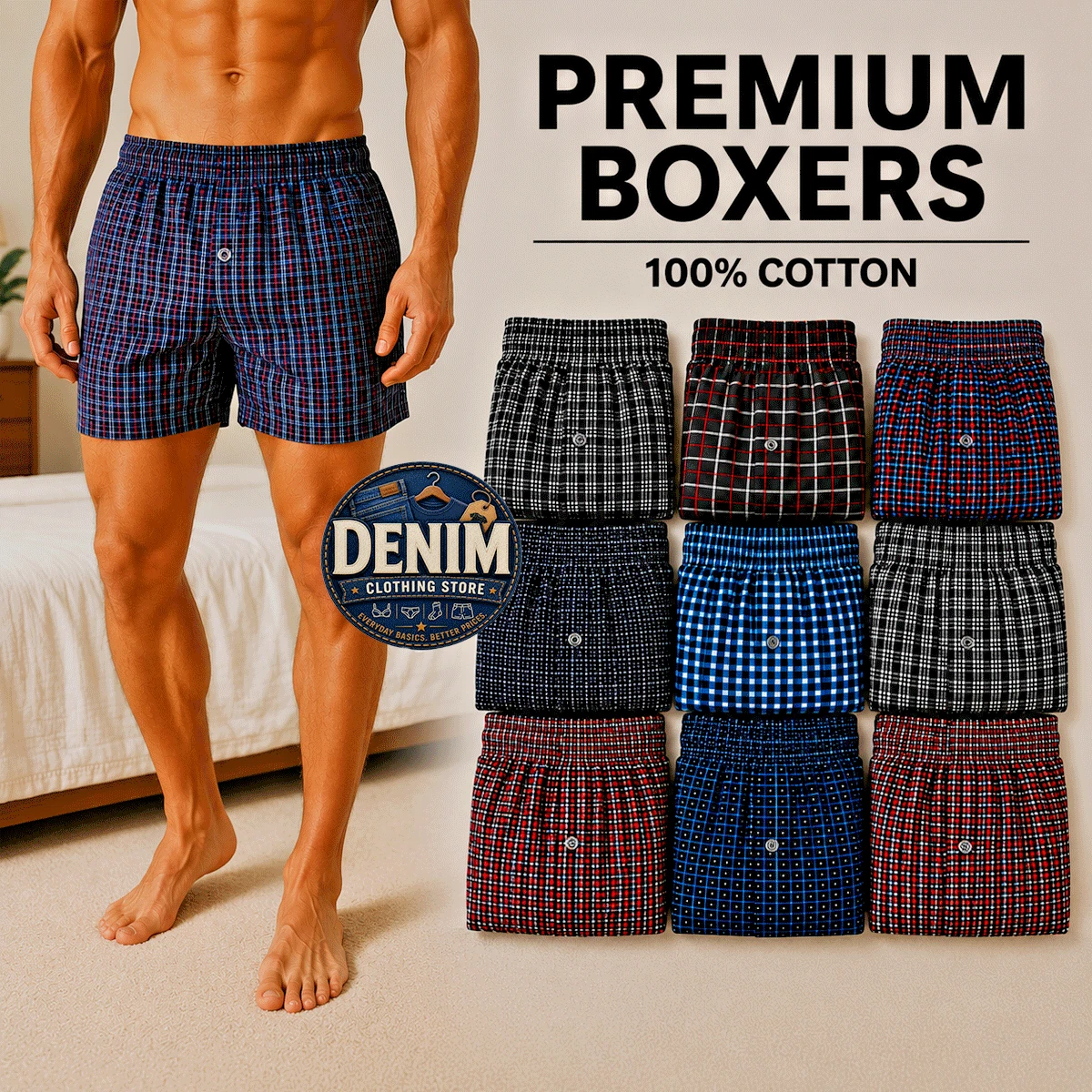 6 Pack Mens Premium Boxers 100% Cotton Underwear Trunk Plaid Shorts Size S~3XL