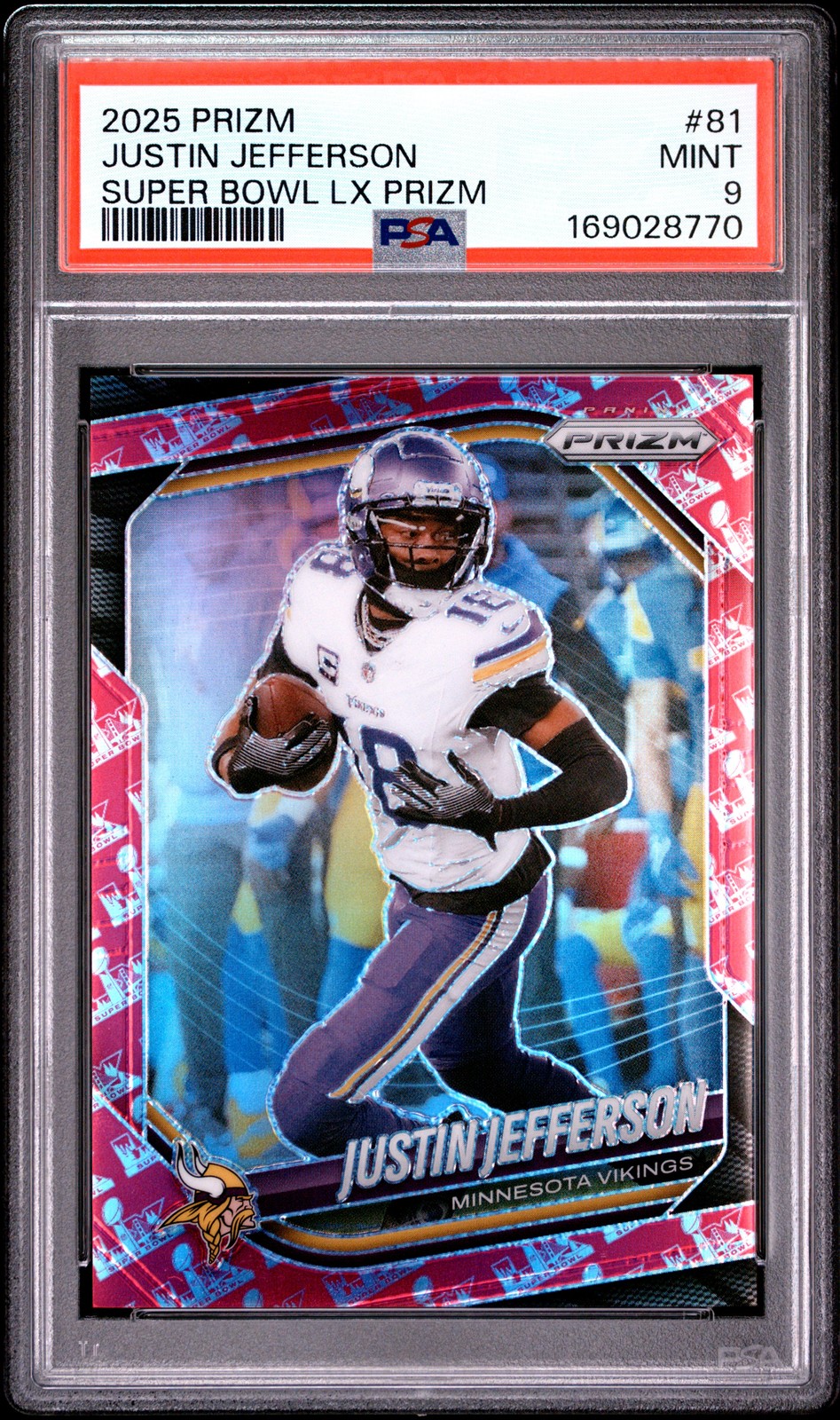 169028770 Justin Jefferson 2025 Panini Prizm #81 Super Bowl LX /60 PSA 9