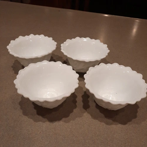 Vintage White Milk Glass Custard Cups Dessert Bowls 4oz, Footed Leaf Design