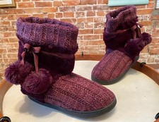 MUK LUKS Plum Purple Michelle Cable Knit Slipper Boot Faux Fur Lining New