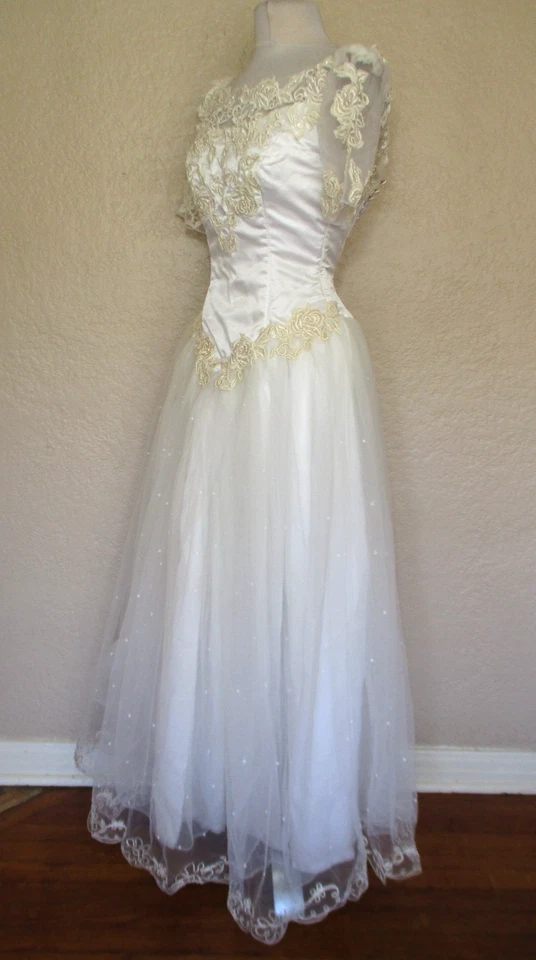 Vtg 50s White Wedding Dress Gown S Women Satin Bodice Tulle Skirt Beaded Lace - Image 3 of 4