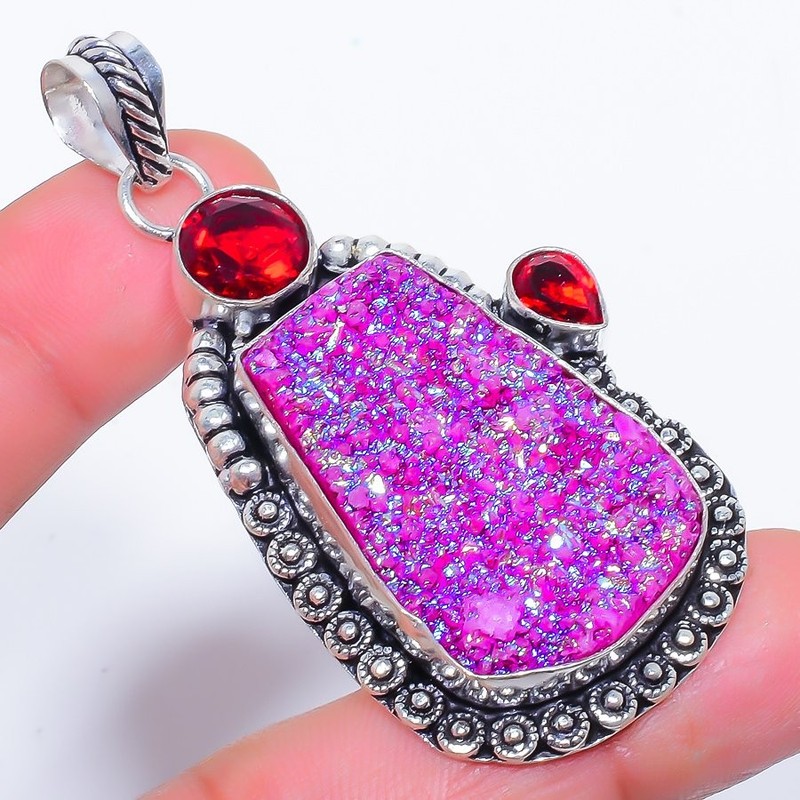Natural Pink Titanium Drusy & Garnet 925 Silver Plated Pendant 2.6" T2773