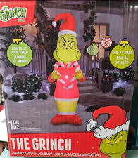 Gemmy 6.5ft Tall Dr. Seuss Grinch Holding Candy Cane Heart Christmas Inflatable