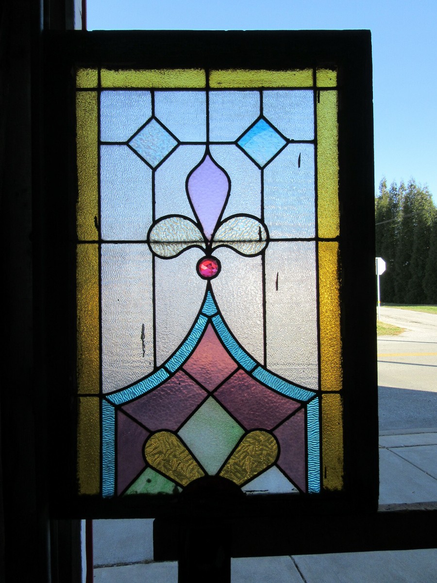 ANTIQUE STAINED GLASS WINDOW COLORFUL ~ 24 x 36