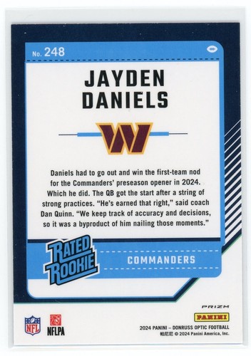 2024 Panini Donruss Optic - Rated Rookie Jayden Daniels #248 Purple Scope Prizm - Foto 2 di 3