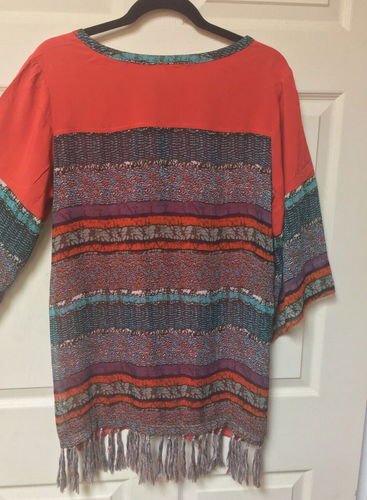 Maria Rerio Orange Boho Tunic Top Dress Fringe Tassels Large EUC! - Picture 2 of 10
