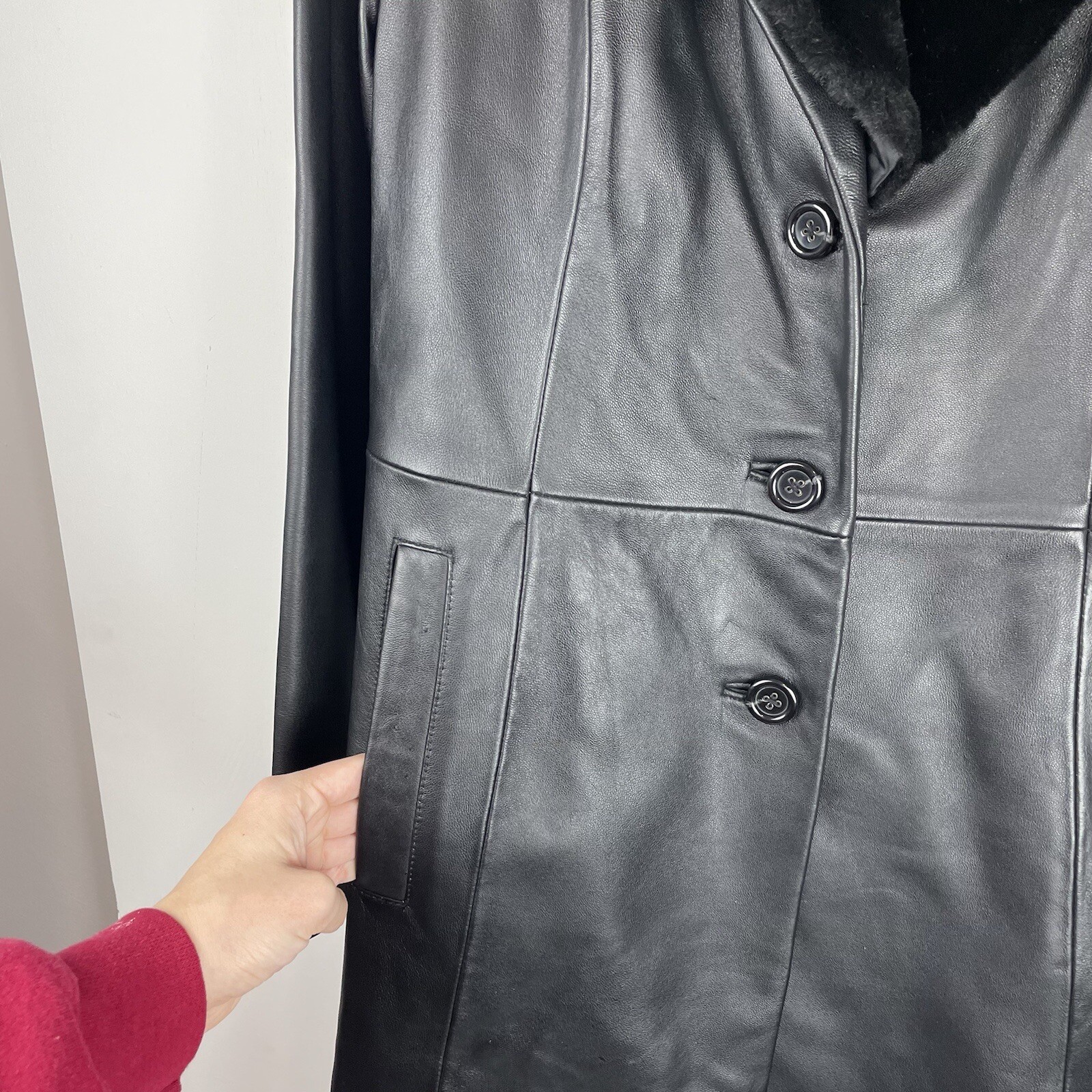 COVINGTON Long Black Leather Jacket Button Front … - image 12