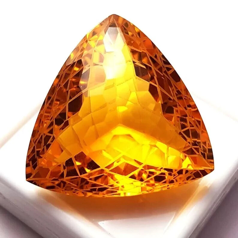 95 Ct AAA Flawless Trillion Cut Yellow Citrine Natural Loose Gemstone Carving