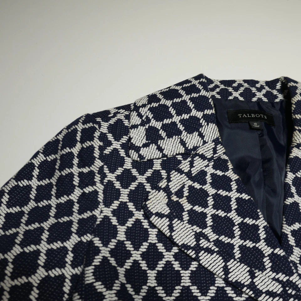 Chaqueta Blazer Talbots Mujer 10 Azul Marino y Blanco Estampado Diamante Tejido Algodón Carrera Foto 2 de 4