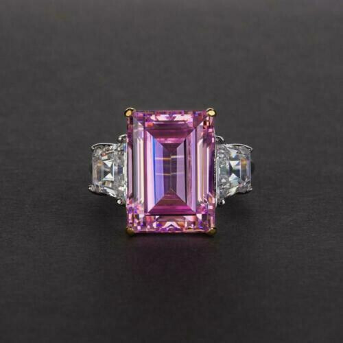 Pink Emerald Cut Sapphire With White Three Stone Style Women Lab Created Ring - Afbeelding 1 van 4