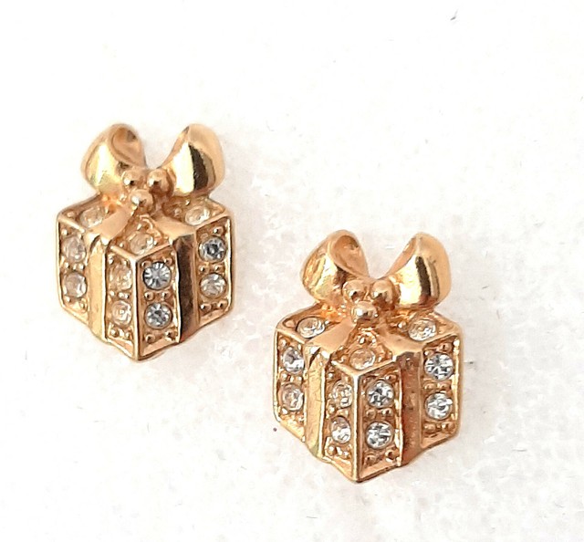 Gift Box Christmas Earrings Clear Rhinestones Gold Tone Pierced Post