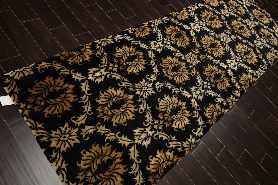 Runner Hand Knotted Wool & Silk Damask Tibetan Area Rug Black Gold 3'11" x 11'9" - Image 3 of 4