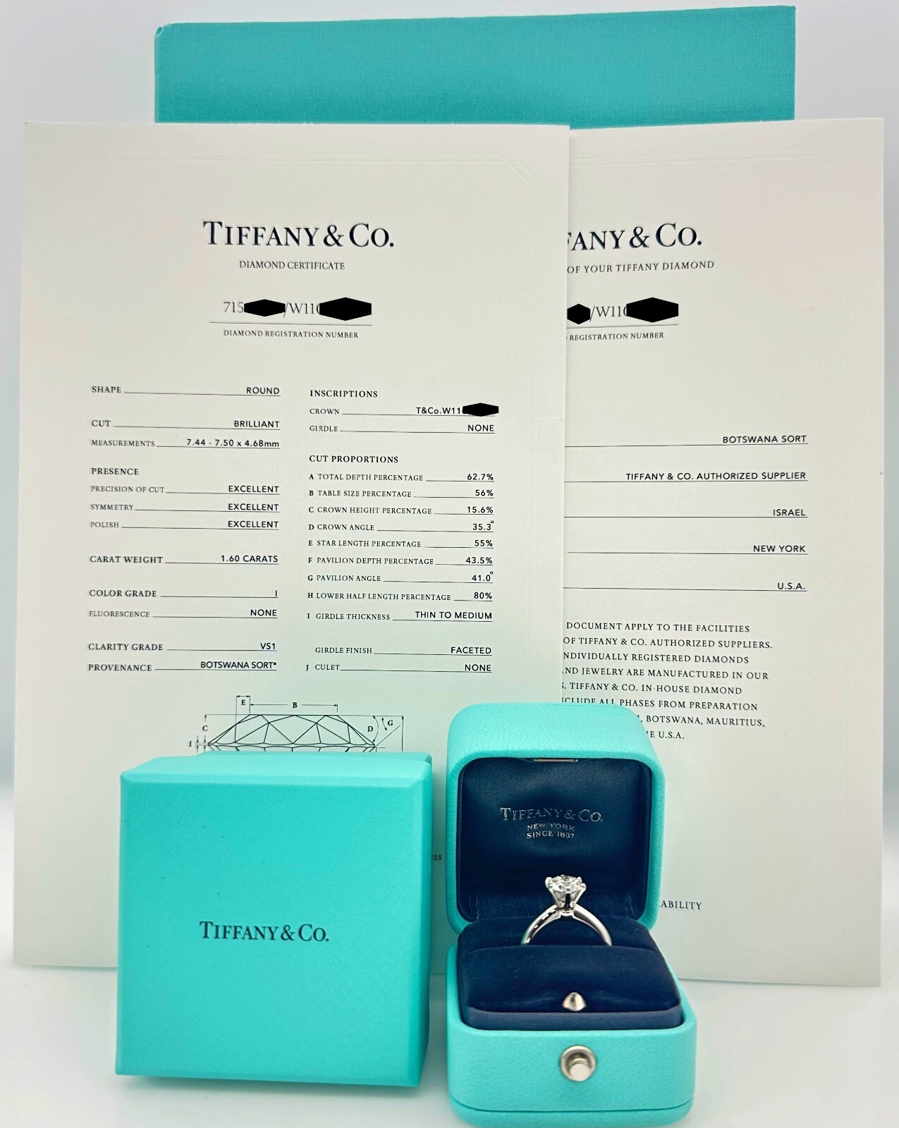 Tiffany & Co Platinum Solitaire Diamond Engagement Ring Round 1.60ct I VS1