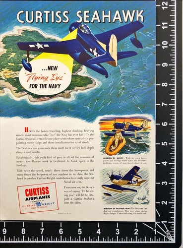 1945 Curtiss Seahawk Navy Scout Plane Flying Eye Over Island Vintage Print Ad - Picture 2 of 6