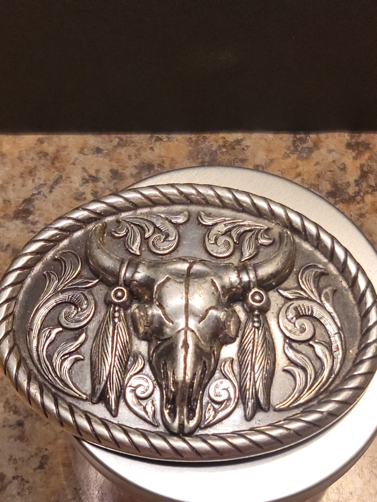 Nocona Western Buckle Oval Steer Skull Floral Antique Silver Tone 37030