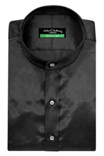 Men's Black Shiny Satin Red Carpet Dress Shirt White Buttons Band China Collar