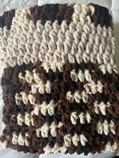 Hand Crocheted Chunky Chenille Baby Blanket 36 x 32 Brown Cream Stripes
