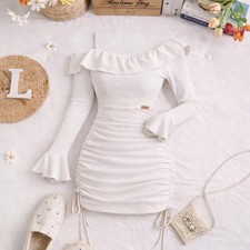 Off Shoulder Ruched Bodycon Dress, Korean Coquette Style