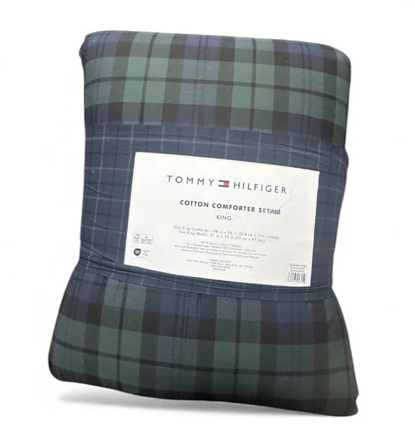 "Juego de edredón Tommy Hilfiger verde y azul a cuadros King 108""x96""" Foto 3 de 3