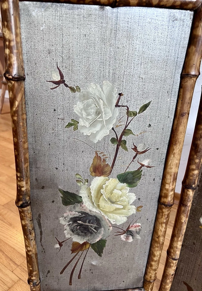 Pantalla Plegable de Bambú Paneles Florales Pintados a Mano Francés Cottagecore 31x32 Años 40 Foto 3 de 4
