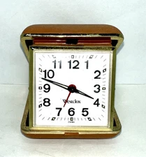 Vintage Westlox Traveling Alarm Clock Tan Travel Case*Works* Manual Crank Clock