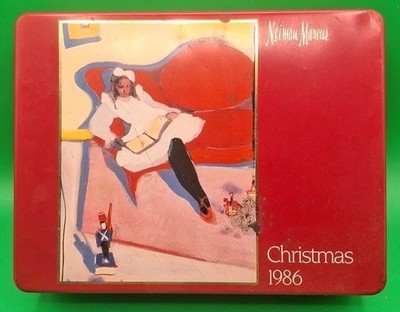 Vintage Red Neiman Marcus Box Hinged Tin Christmas Card 1987 Bahlsen Cookies