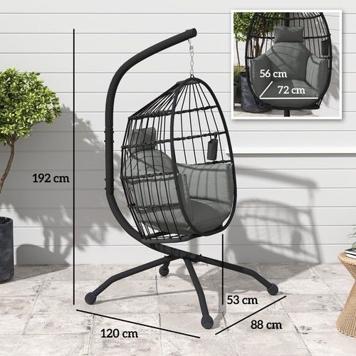 Outsunny Poltrona da Giardino Sospesa con Gancio e 2 Cuscini Nero e Grigio - Foto 4 di 10