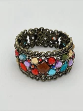 Jeweled Boho Bangle Cuff Bracelet Hinged Gold Tone Rhinestones