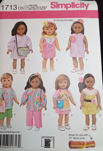 SIMPLICITY UNCUT Pattern 1713 18" Doll Clothes Pants Dress Top Apron Handbag NEW - Picture 2 of 8