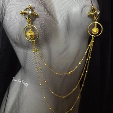 BDSM Cross Nipple Clamps, Luxury Gold Palace Bell , Jewelry with Layered Chain