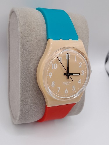2009 Beige Swatch Watch Moccasin GT104 34mm On New Blue And Red Strap - Picture 3 of 10